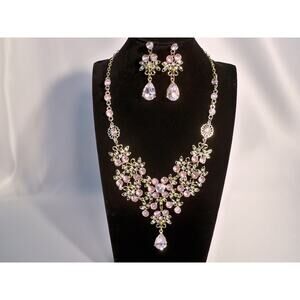 Pink rhinestone tear drop necklace set, wedding MOB prom formal evening necklace